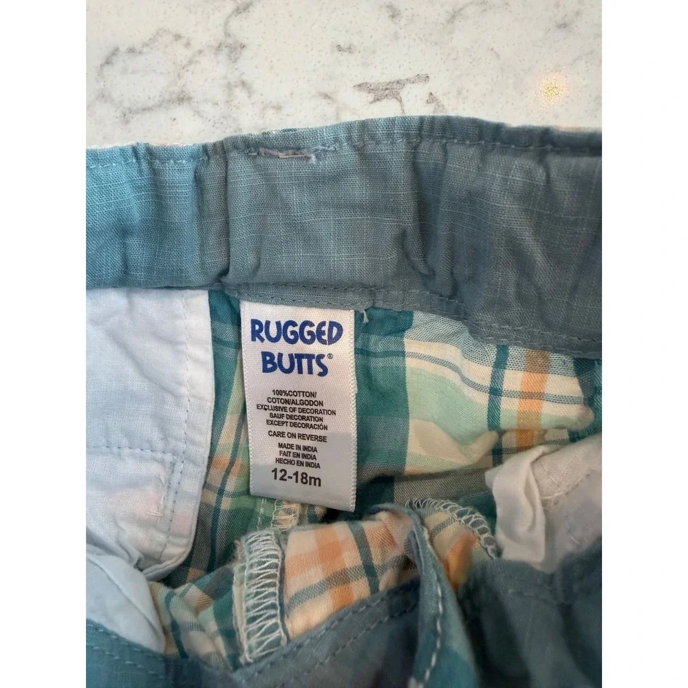 26.RuggedButts Boys Teal Orange Plaid Cotton Chino Shorts 12-18 Months